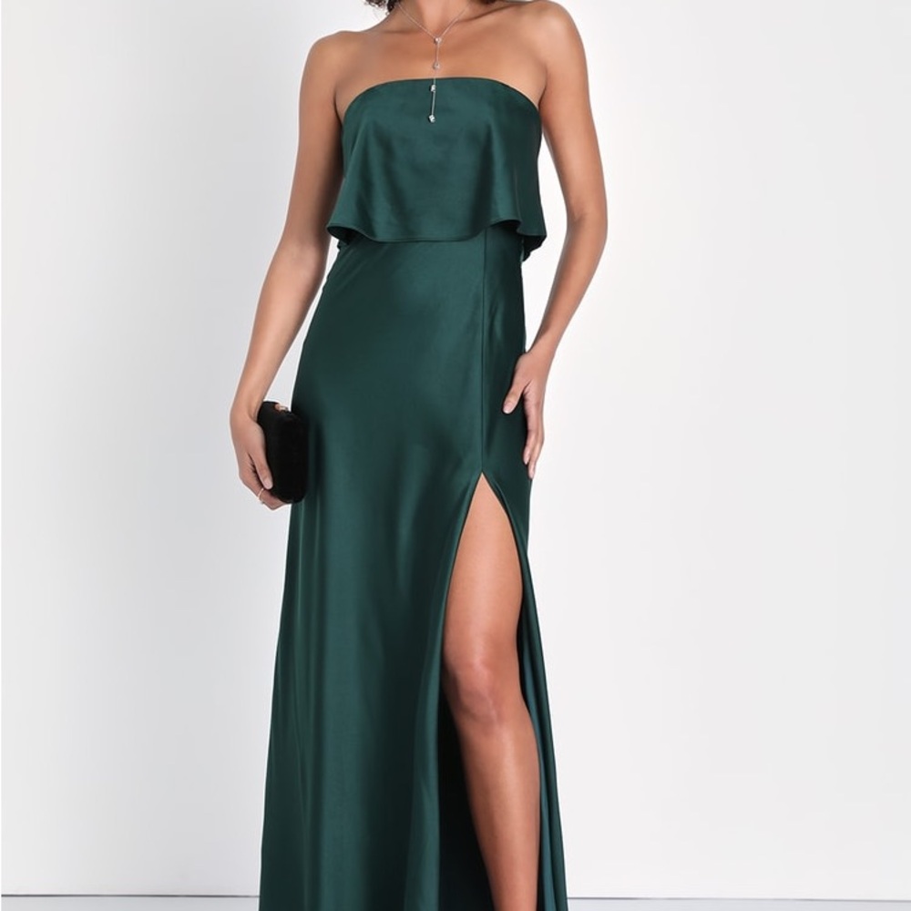 LULUS Alluring Behavior Emerald Green Satin Strapless Maxi Dress (Worn once!)